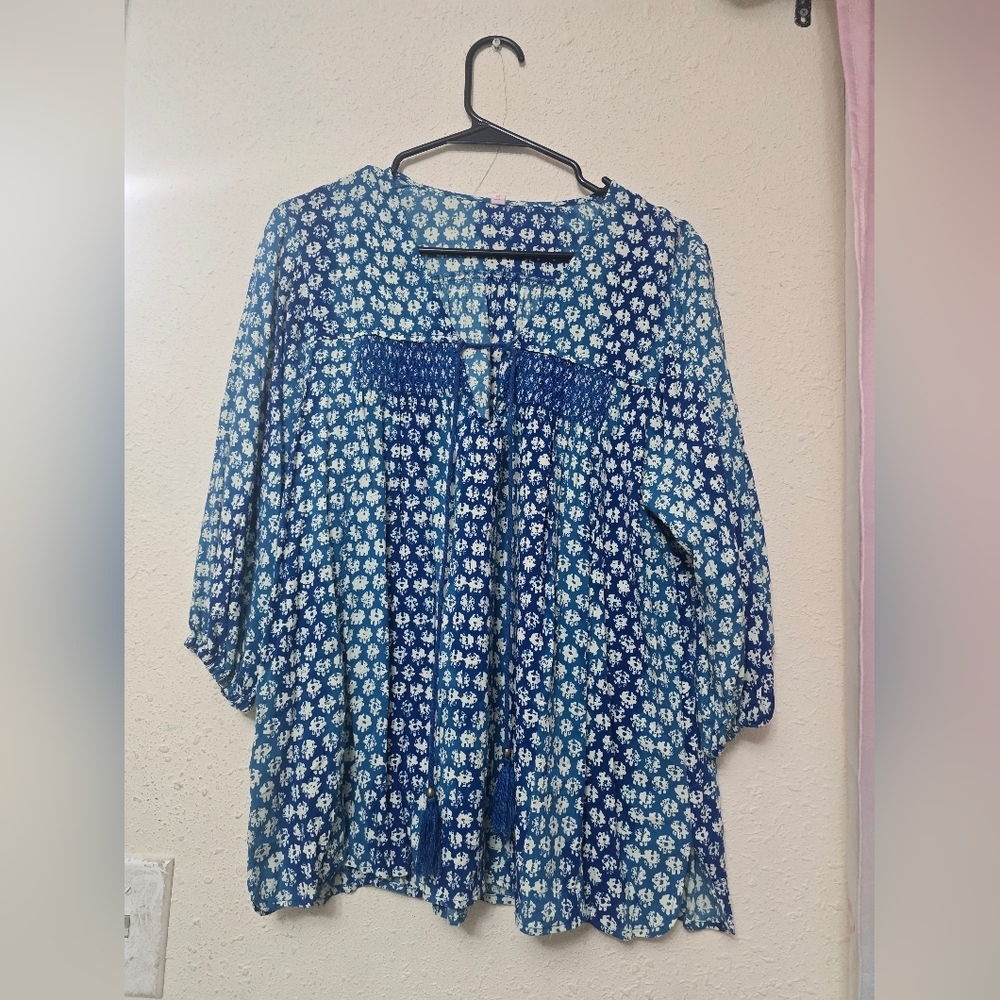 Blue Floral Peasant Top - Women